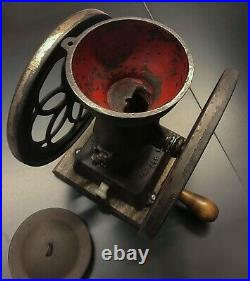 Antique English Cast Iron 2-Wheel Manual Coffee Grinder