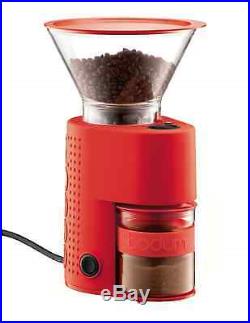 Bodum 8 oz. Bistro Electric Burr Conical Mill Coffee Bean Grinder Machine, Red