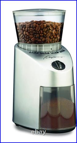 Coffee Grinder Conical Burr From Ultrafine To Coarse 8.8Oz/4Oz cont Brush Silver