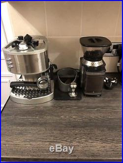 Delonghi coffee machine, Cusinart burr grinder, Grounds bin, Tamper and Matt