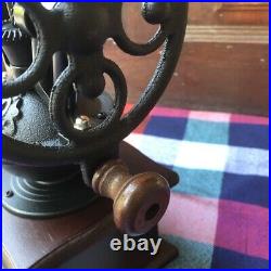 Vintage Wheel Coffee Grinder Mill Hand Crank Manual Cast Iron With Wood Drawer